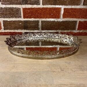 Vtg Vanity Tray Oval Hollywood Regency  Mirrored Gold Filigree Edge Hummingbirds